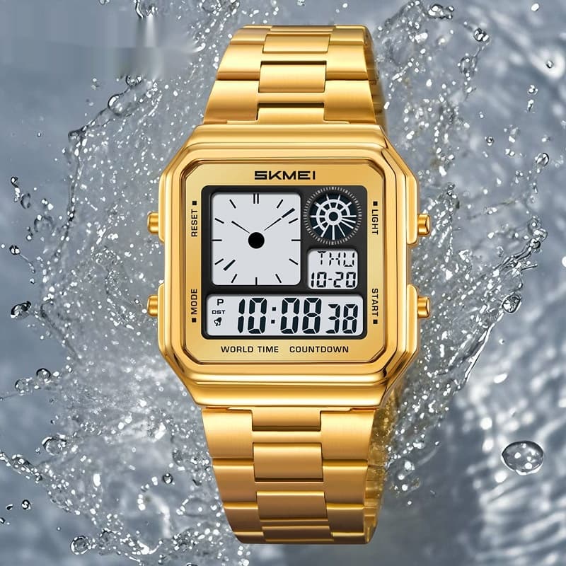 Réveil Numérique Étanche Acier Carré — Élégance et Précision